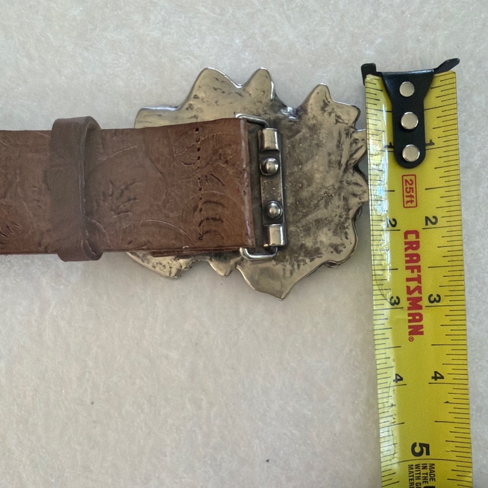 Garuglieri Italy Brown Leather Floral Embossed Belt Silver Flower Buckle Large - Picture 5 of 10